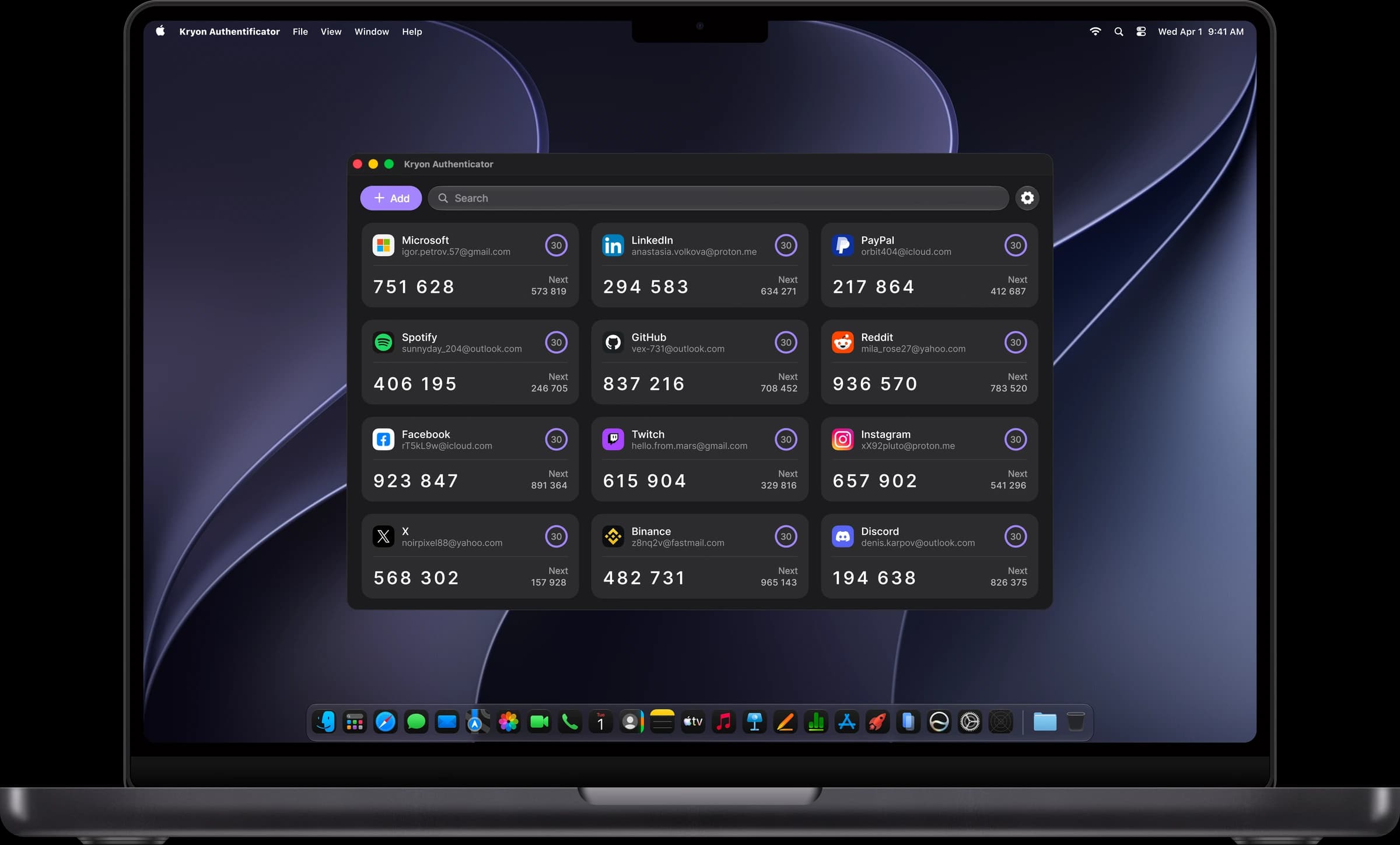 Kryon Authenticator showing a list of accounts with their current codes
